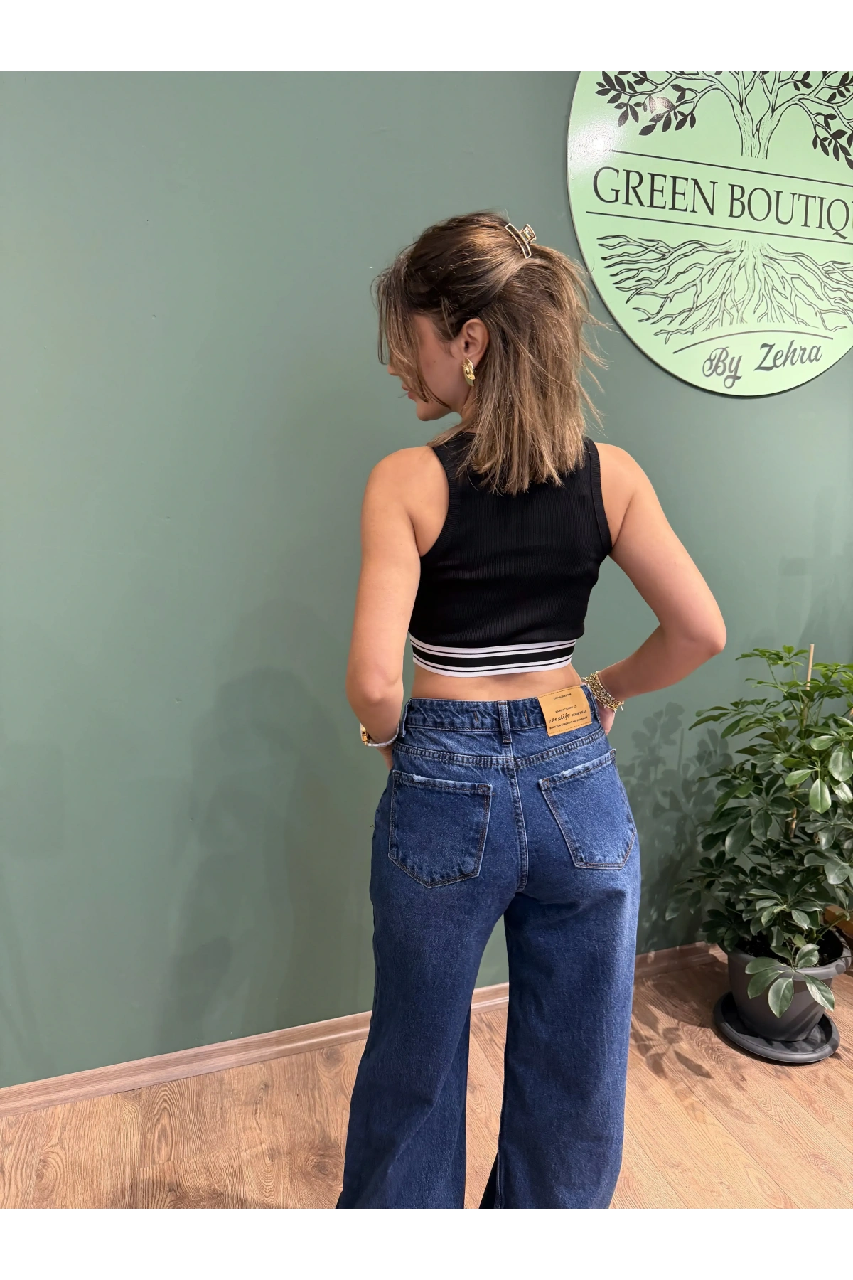 Yüksek Bel Bol Paça Jean Koyu Mavi