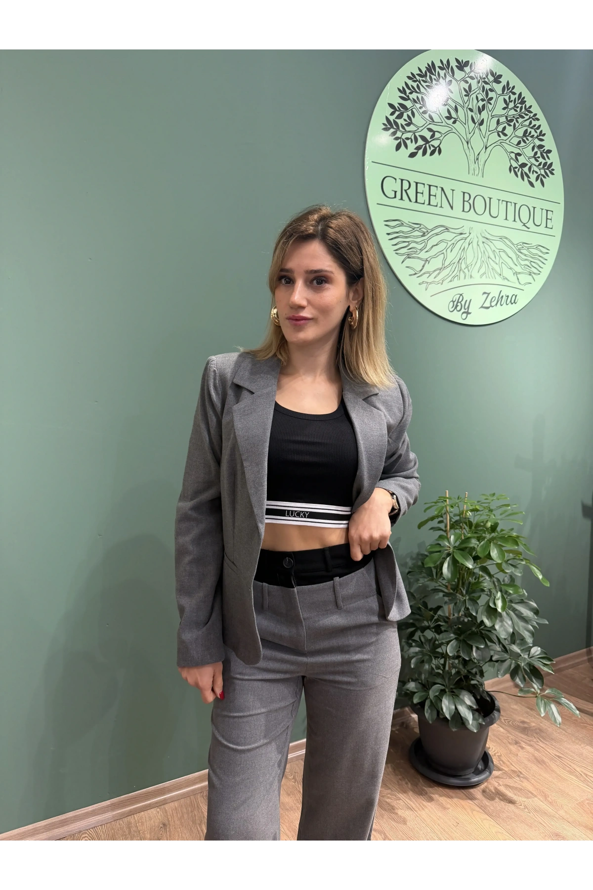 Yüksek Bel İki Renk Tarz Kumaş Pantolon Koyu Gri