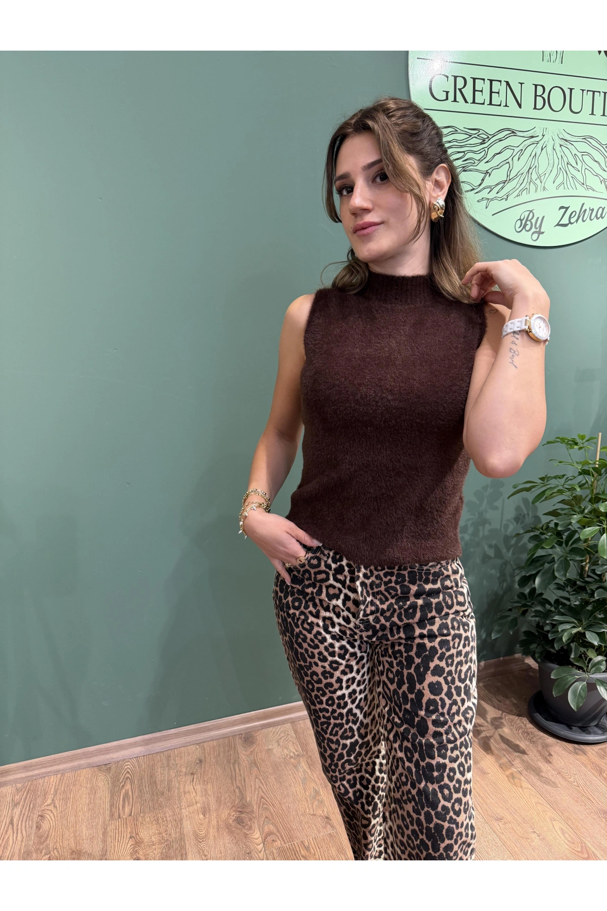 Leopar Yüksek Bel Jean Pantolon