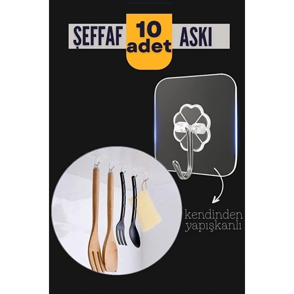 10'lu Şeffaf Kendinden Yapışkanlı Güçlü Askı Kancası, Banyo Mutfak Organizer, İz Bırakmaz Pratik Askı