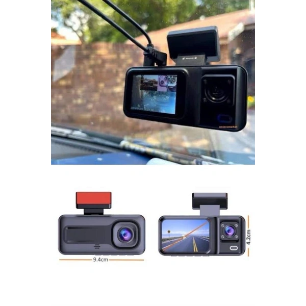 1080P 3 Lensli WİFİ Araç İçi Kameralı Ekran DVR Kaydedici Gece Görüşlü