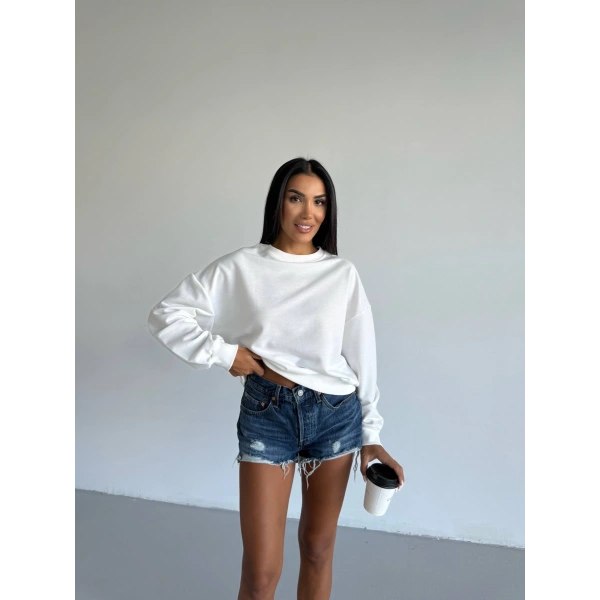 2 iplik bisiklet yaka sweat beyaz f2339