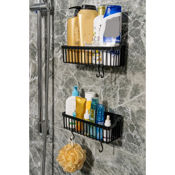 2 Li Plastik Yapışkanlı Askılı Mutfak- Banyo Rafı Düzenleyici Duş Şampuanlık