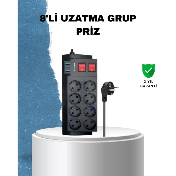 2 Metre Güçlü Çoklu Priz 8 Soket