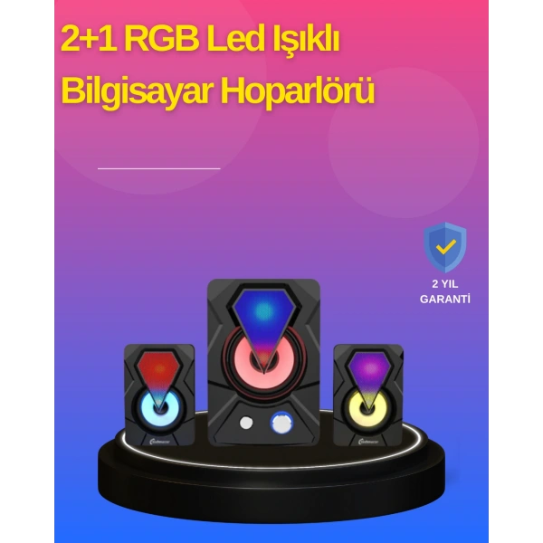2.1 Kanal RGB LED Oyun Hoparlörü Subwoofer Destekli