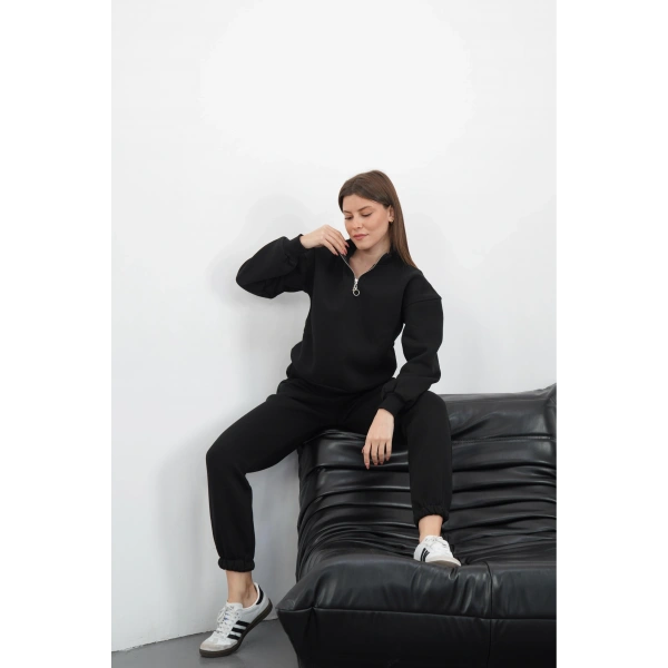 3 iplik içi Şardonlu yarım fermuarlı alt üst takım siyah