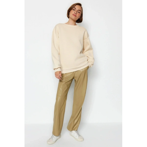 3 iplik şardonlu bisiklet yaka sweatshirt bej