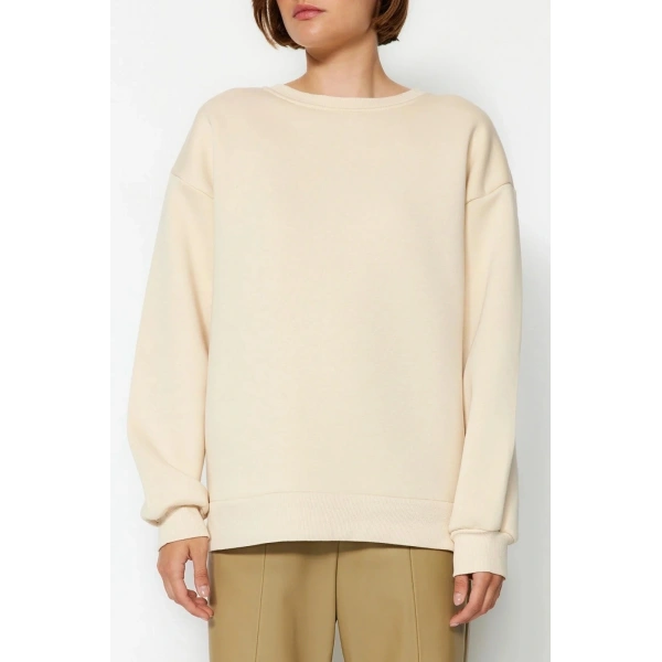 3 iplik şardonlu bisiklet yaka sweatshirt bej