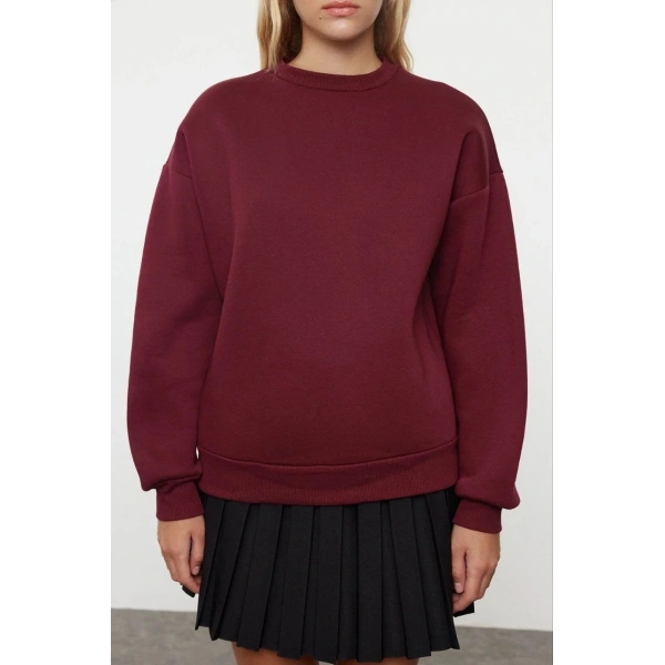 3 iplik şardonlu bisiklet yaka sweatshirt bordo