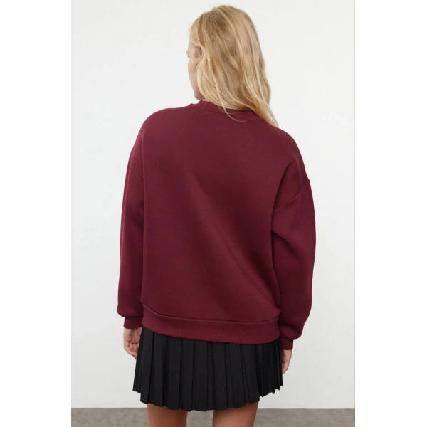 3 iplik şardonlu bisiklet yaka sweatshirt bordo
