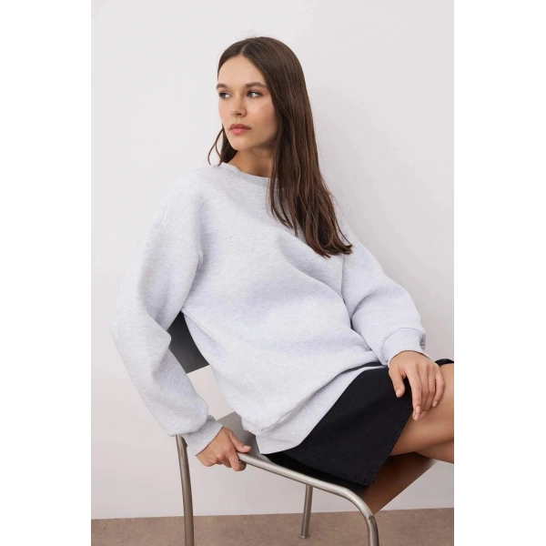 3 iplik şardonlu bisiklet yaka sweatshirt gri