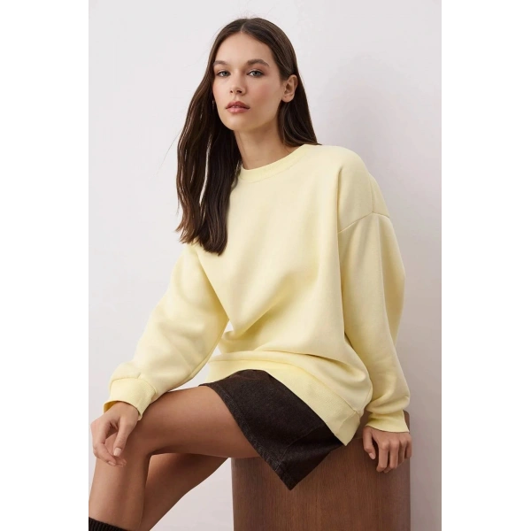 3 iplik şardonlu bisiklet yaka sweatshirt sarı