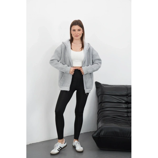 3 iplik şardonlu fermuarlı kapşonlu hırka gri