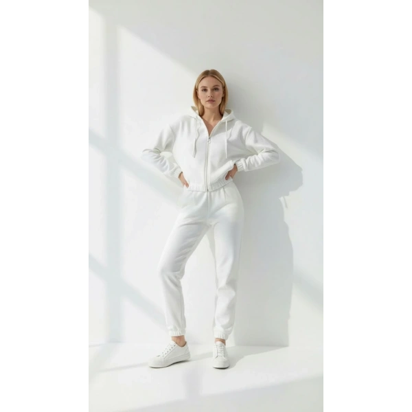 3 iplik şardonlu Kapşonlu fermuarlı kısa üst beyaz pat8590