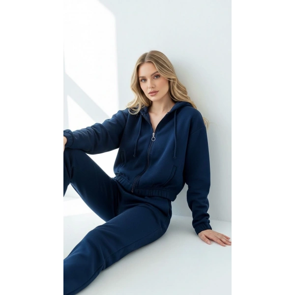 3 iplik şardonlu Kapşonlu fermuarlı kısa üst lacivert pat8590