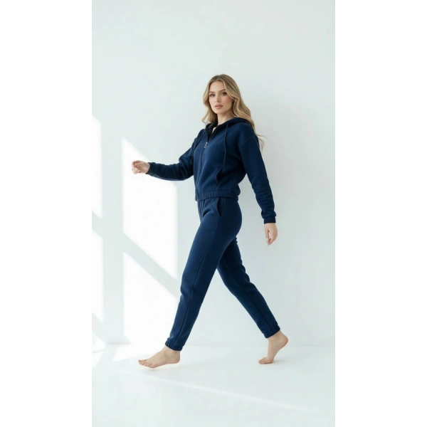 3 iplik şardonlu Kapşonlu fermuarlı kısa üst lacivert pat8590