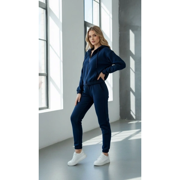 3 iplik şardonlu Kapşonlu fermuarlı kısa üst lacivert pat8590