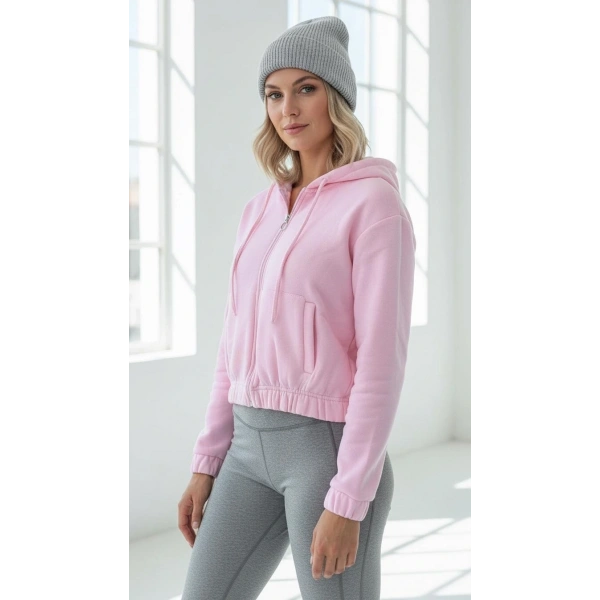 3 iplik şardonlu Kapşonlu fermuarlı kısa üst pembe pat8590