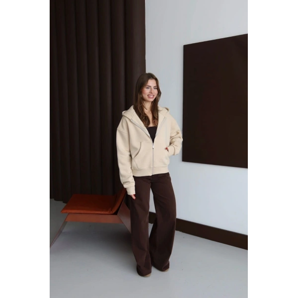 3 iplik şardonlu kapşonlu hoodie frm bej p510437