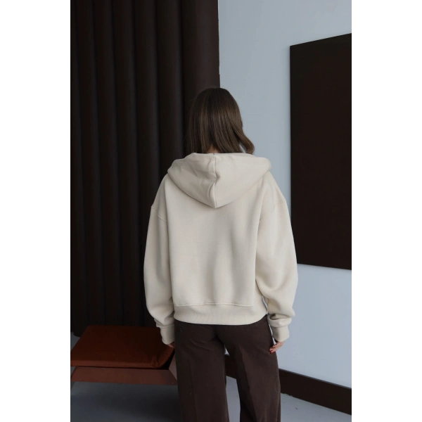 3 iplik şardonlu kapşonlu hoodie frm bej p510437