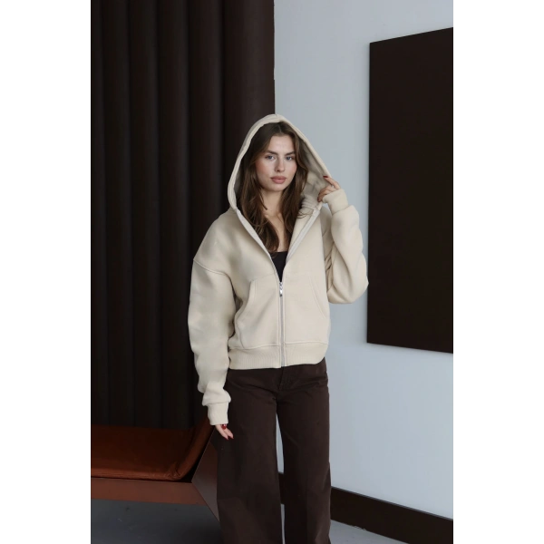 3 iplik şardonlu kapşonlu hoodie frm bej p510437