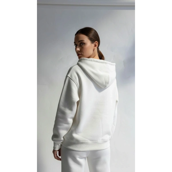 3 iplik şardonlu kapşonlu hoodie frm beyaz p510437