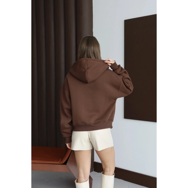 3 iplik şardonlu kapşonlu hoodie frm kahve p510437