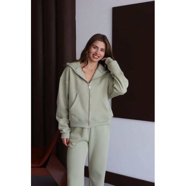 3 iplik şardonlu kapşonlu hoodie frm mint p510437