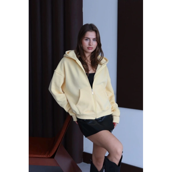 3 iplik şardonlu kapşonlu hoodie frm sarı p510437