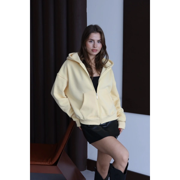 3 iplik şardonlu kapşonlu hoodie frm sarı p510437