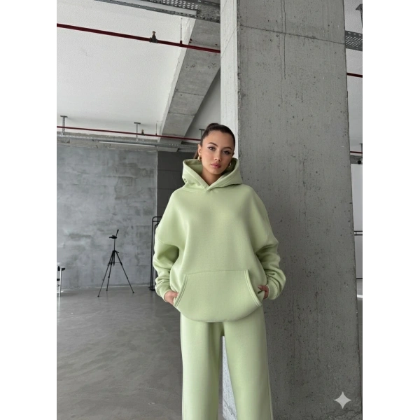 3 iplik şardonlu kapşonlu sweatshirt mint p510436