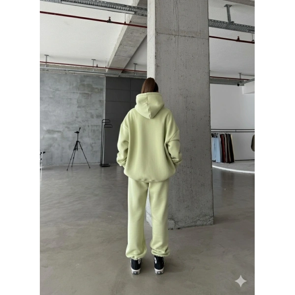 3 iplik şardonlu kapşonlu sweatshirt mint p510436