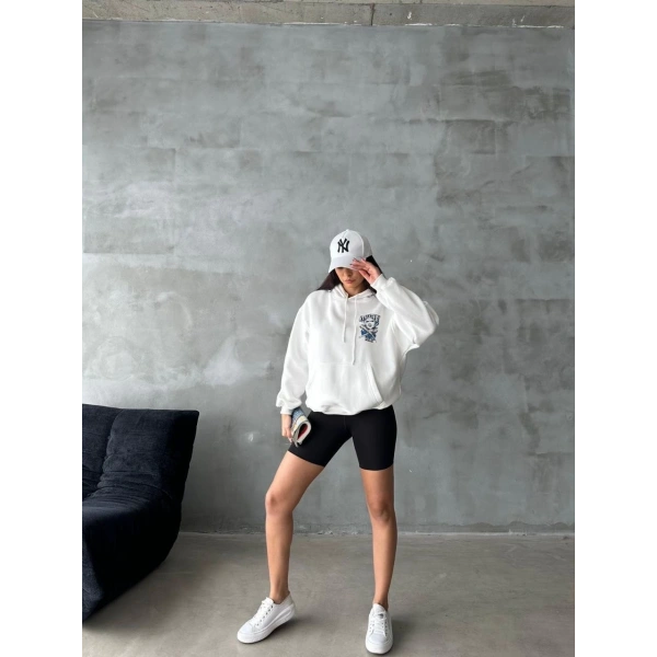 3 iplik şardonlu oversize kafa baskılı sweat beyaz
