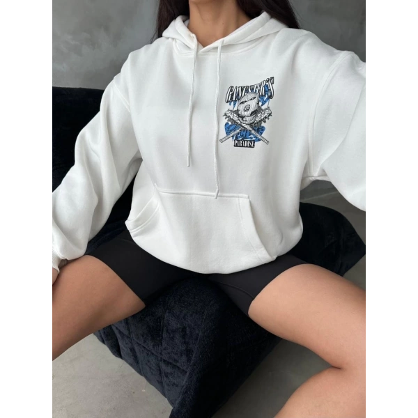 3 iplik şardonlu oversize kafa baskılı sweat beyaz
