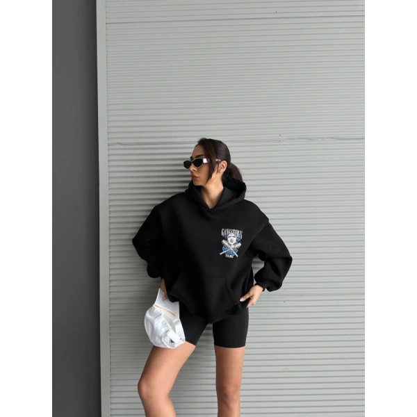 3 iplik şardonlu oversize kafa baskılı sweat siyah