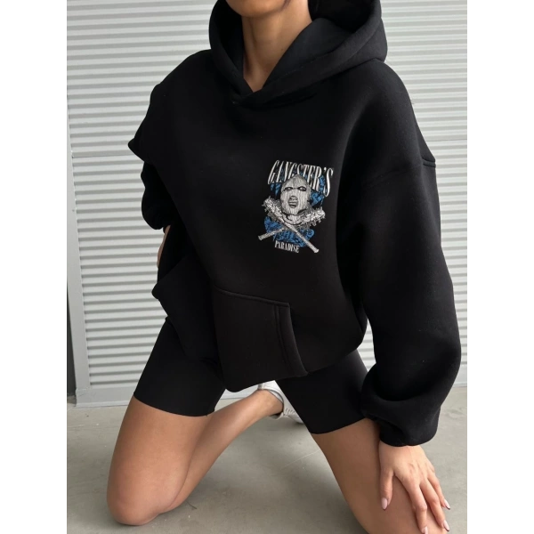 3 iplik şardonlu oversize kafa baskılı sweat siyah