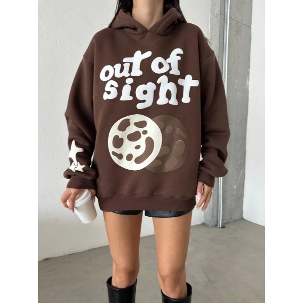 3 iplik şardonlu oversize out of baskılı sweat kahve