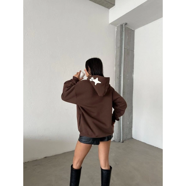 3 iplik şardonlu oversize out of baskılı sweat kahve