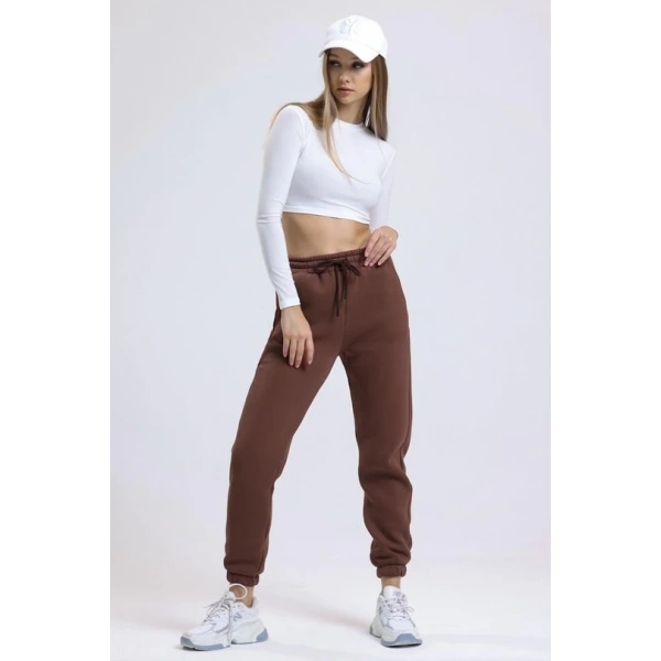 3 iplik şardonlu paça lastikli eşofman kahve is001