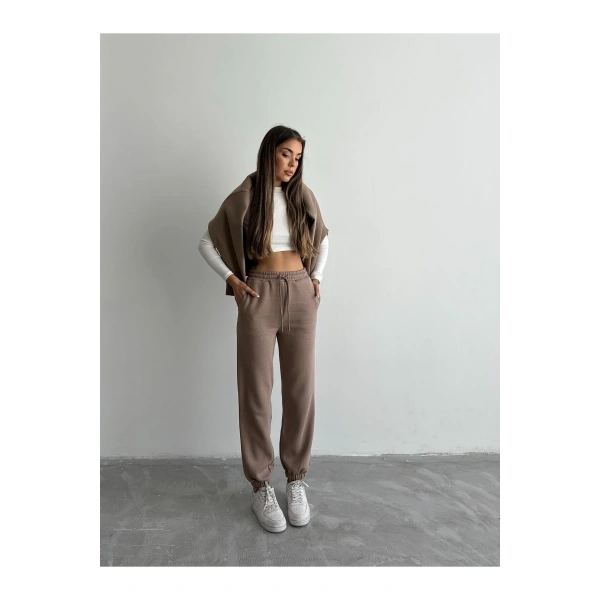 3 iplik şardonlu paça lastikli eşofman vizon is001