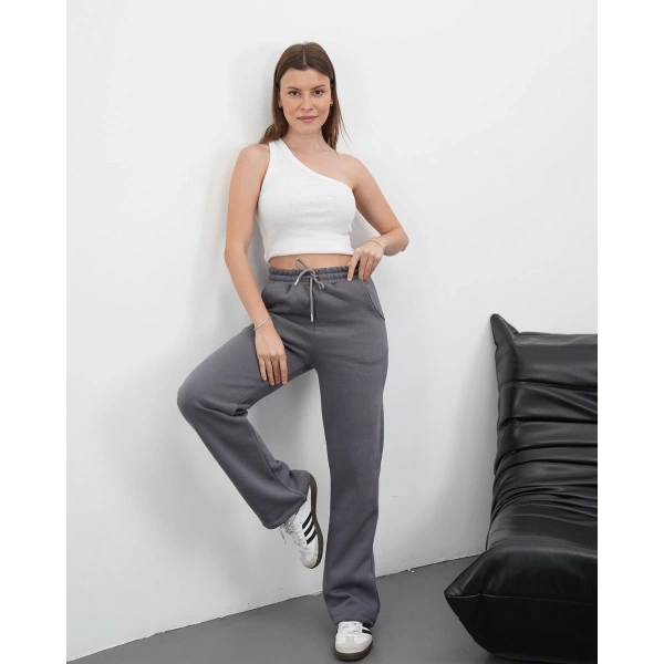 3 iplik şardonlu palazzo pantolon füme md64