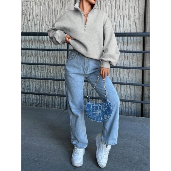 3 iplik Şardonlu yarım fermuarlı sweatshirt gri