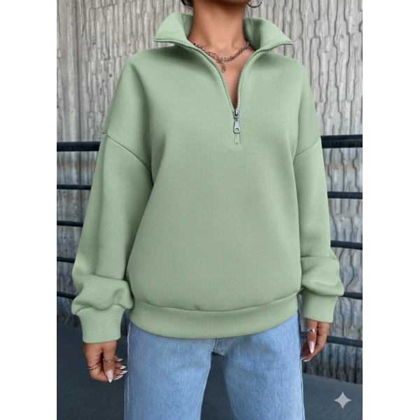 3 iplik Şardonlu yarım fermuarlı sweatshirt mint
