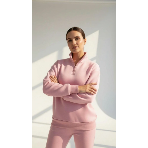 3 iplik Şardonlu yarım fermuarlı sweatshirt somon