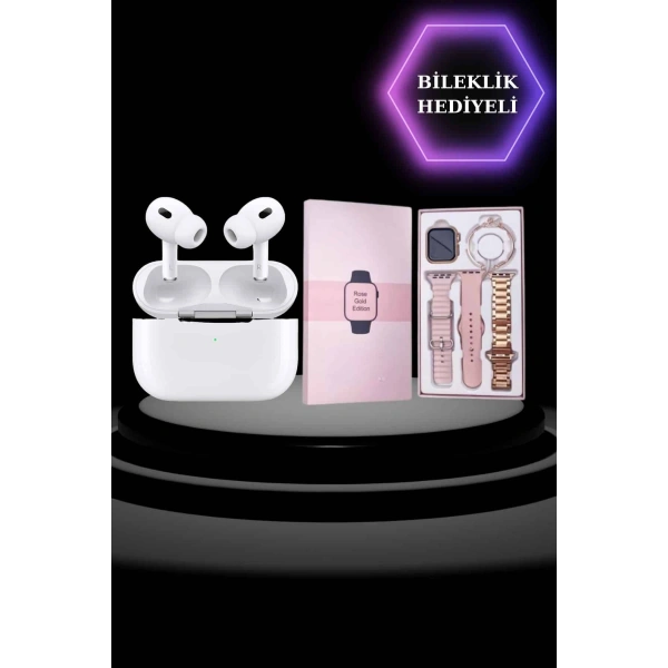 3 Kordonlu Pembe Amoled Ekran Akıllı Saat ve Yeni Nesil Pro Kablosuz Bluetooth Kulaklık ANC/ENC