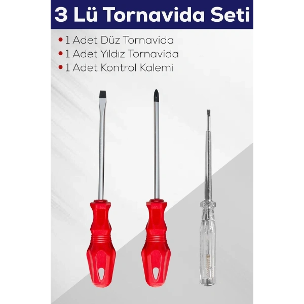 3lü Tornavida Seti (Düz Tornavida + Yıldız Tornavida + Kontrol Kalemi)