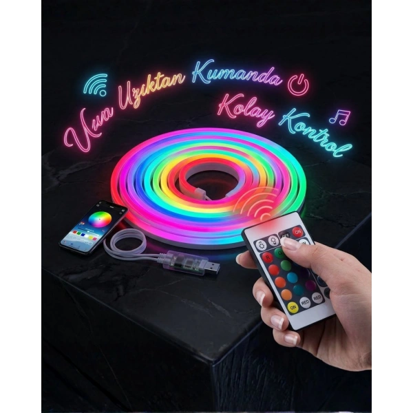 3 Metre RGB Akıllı Neon LED Şerit Işık Telefon ve Kumanda Kontrollü Ambiyans Aydınlatma