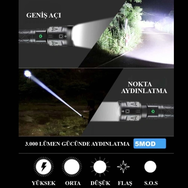 3000 LÜMEN GÜÇLÜ EL FENERİ WATTON WT-604