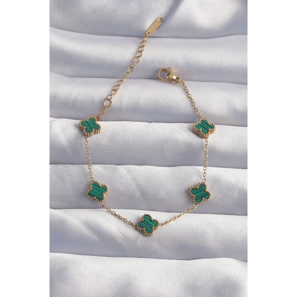 316L Çelik Baby Boy Gold Renk Çizgili Yeşil Mineli Yonca Bileklik