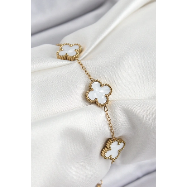 316L Çelik Beyaz Sedef Yonca Model Gold Renk Kadın Bileklik